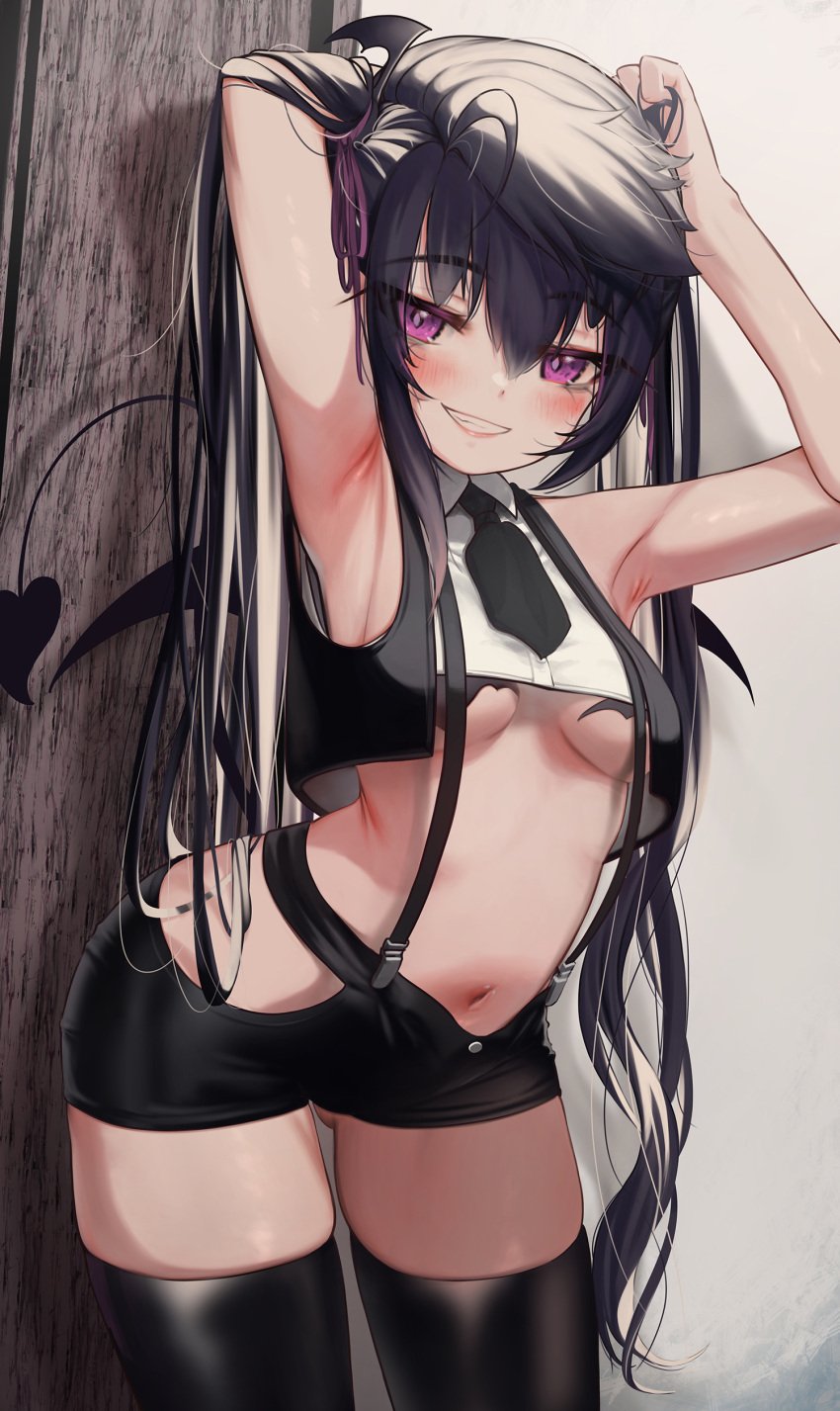 1girls arched_back arms_up booty_shorts breasts female female_only grin halloween hi_res light-skinned_female light_skin long_hair naughty_face oc original original_character pale-skinned_female pale_skin petite priite_hari_(torriet) purple_eyes short_shorts shorts small_breasts smile succubus succubus_costume thighhighs torriet twintails