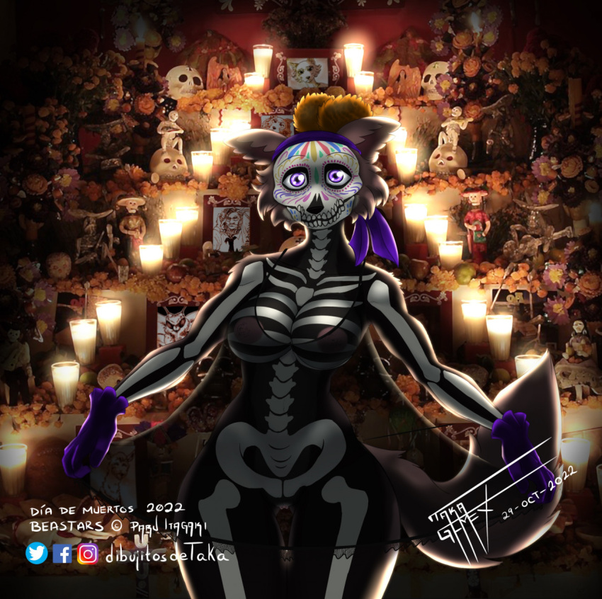 1girls 2022 accessory altar anthro areola barely_visible_genitalia barely_visible_pussy beastars black_nose blue_eyes bodypaint breasts candle canid canine canis clothed clothing dated day_of_the_dead dia_de_los_muertos digital_media_(artwork) dress facebook_logo female fur genitals gloves hair handwear headband hi_res holidays ibuki_(beastars) instagram_logo juno_(beastars) leano_(beastars) logo looking_at_viewer mammal markings nipples photo pussy signature skeleton_(marking) solo standing taka_studio tem_(beastars) toki_(beastars) translucent translucent_clothing translucent_dress twitter_logo wolf