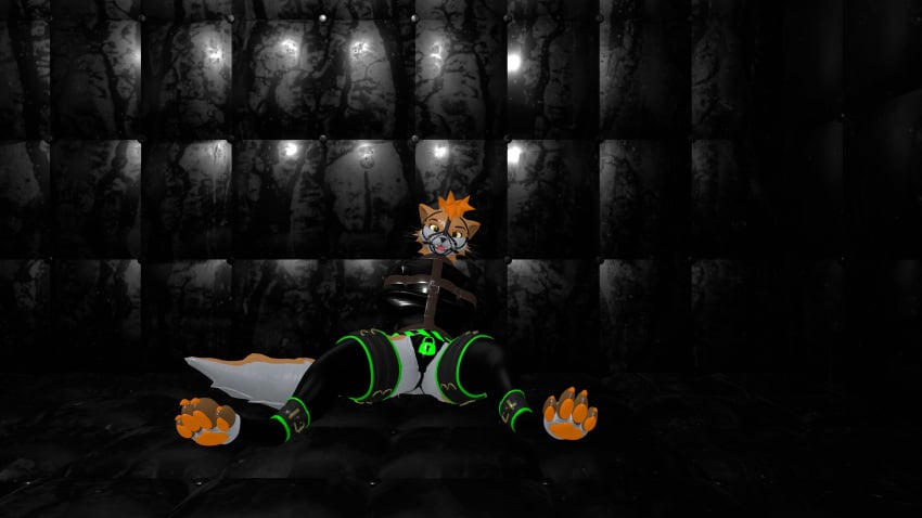 1boy anthro anthro_only bdsm body_fur fluffy_tail furry furry_only jockstrap latex latex_suit lock_symbol male male_only mouth_open no_visible_genitalia null_bulge orange_fur pink_tongue pool_toy restrained rexouium solo straitjacket stuck taeli twitter vr_media vrchat