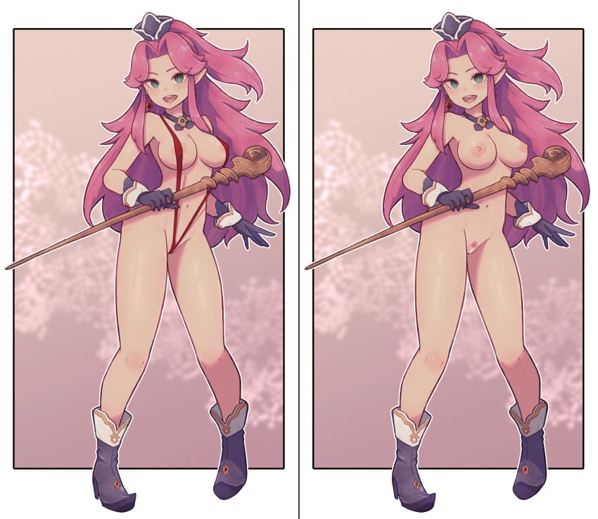 1girls angela_(seiken_densetsu_3) areolae bar_censor black_gloves breasts censored completely_nude earrings female female_only gloves green_eyes hat holding_object jewelry lamb-oic029 long_hair multiple_versions_in_one_image navel necklace nipples nude perky_breasts pink_hair pubic_hair pussy seiken_densetsu seiken_densetsu_3 sling_bikini smile solo staff swimsuit