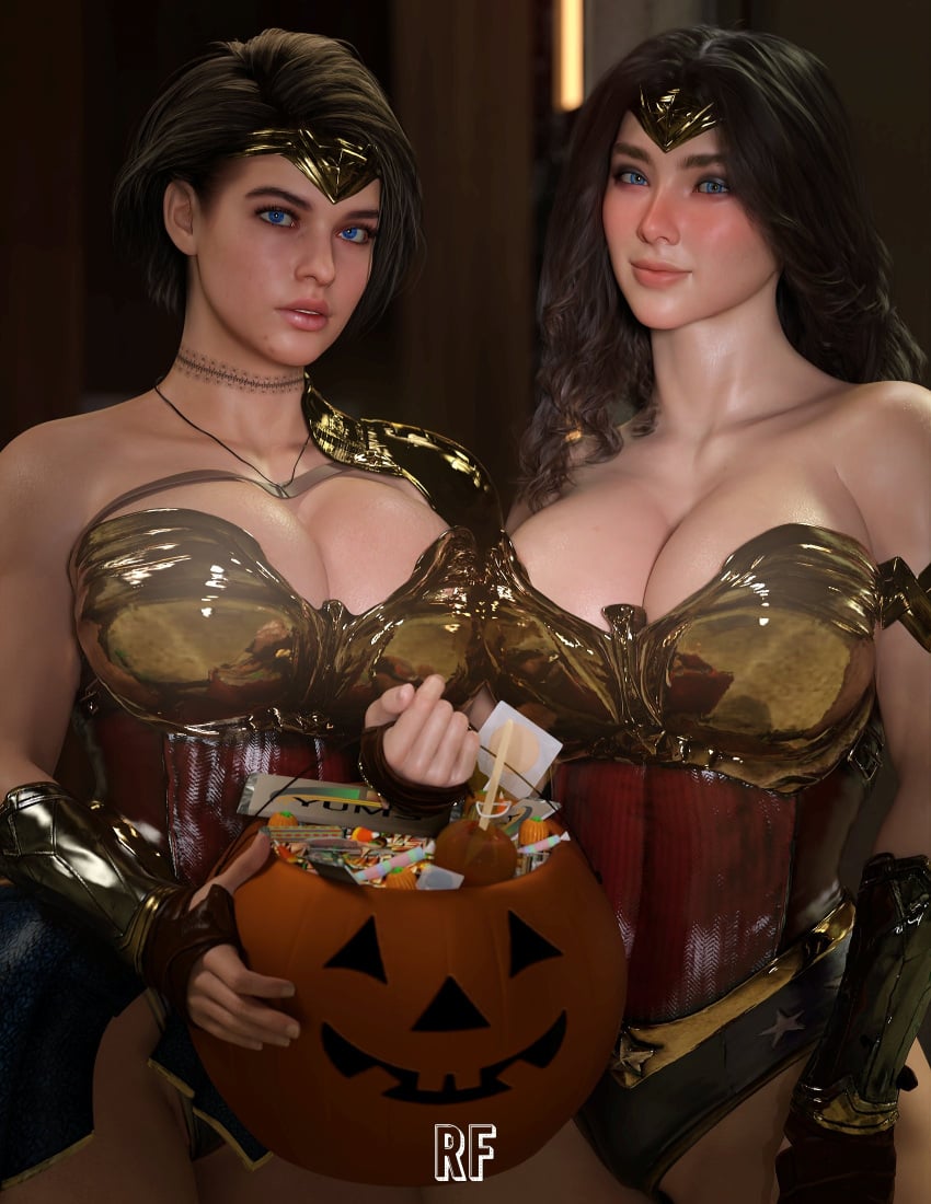 2girls 3d 3d_(artwork) absurd_res big_breasts blue_eyes brown_hair candy capcom choker cleavage cosplay crossover crossover_cosplay curvaceous dc dc_comics duo eastern_and_western_character female female_only halloween hi_res jill_valentine jill_valentine_(sasha_zotova) large_breasts light-skinned_female light_skin looking_at_viewer pumpkin resident_evil resident_evil_3 resident_evil_3_remake rude_frog trick_or_treat wonder_woman wonder_woman_(cosplay) wonder_woman_(series)