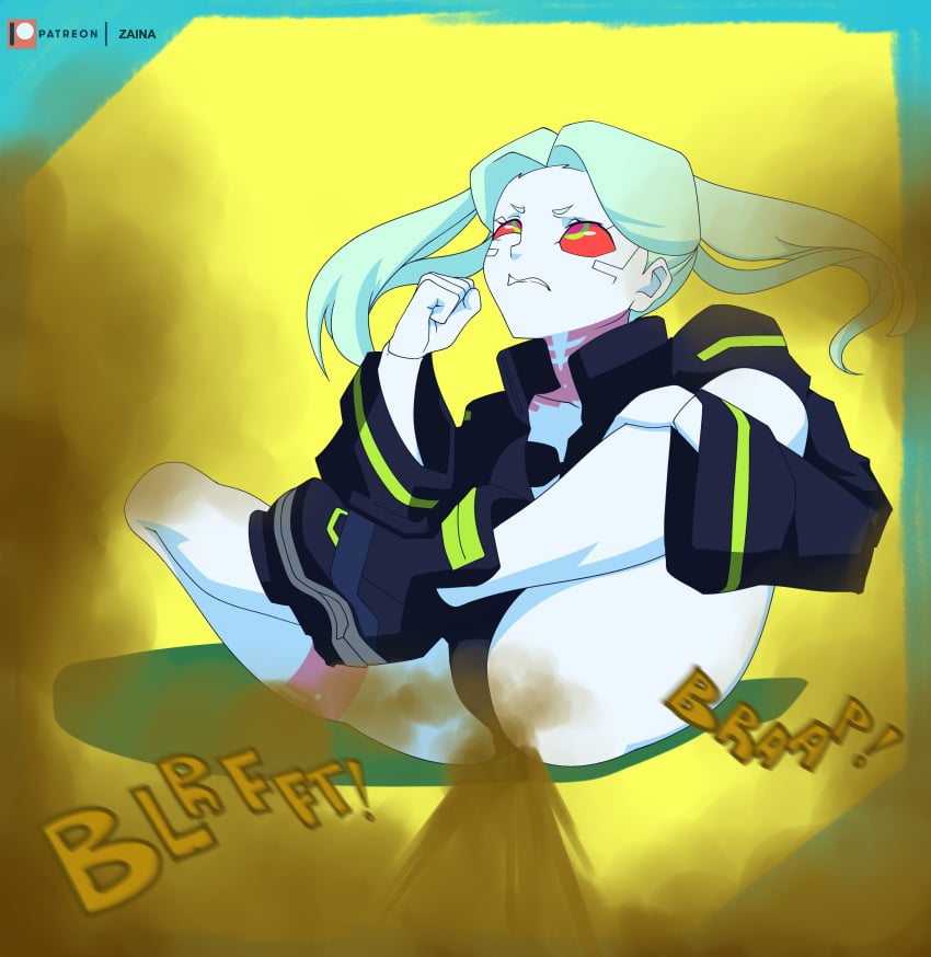 1girls blue_hair cyberpunk:_edgerunners cyberpunk_2077 fart fart_cloud fart_fetish farting grey_skin rebecca_(edgerunners) red_eyes sitting solo_female studio_trigger twintails yellow_background zaina_art99