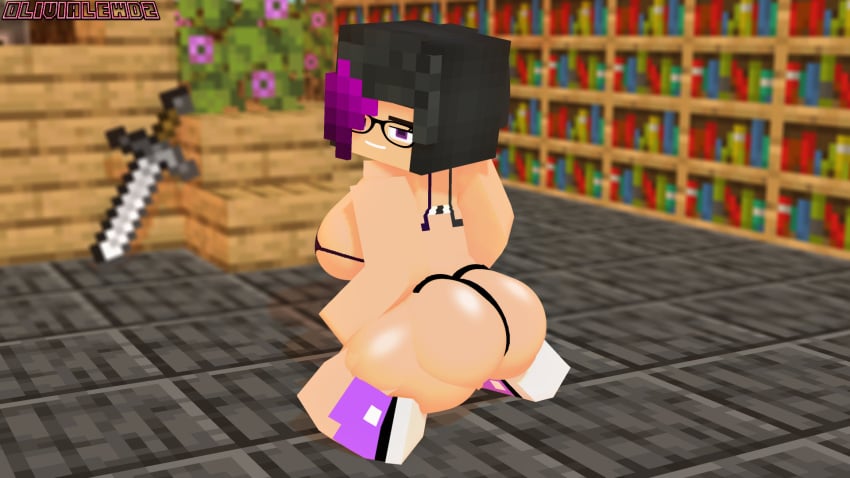 1girls 3d big_ass bookshelf bra breasts commission female female_only glasses half_naked horny_female library looking_back mine-imator minecraft multicolored_hair olivia_(olivialewdz) olivialewdz outside panties purple_eyes shiny_skin shoes_only solo solo_female stockings tagme thong