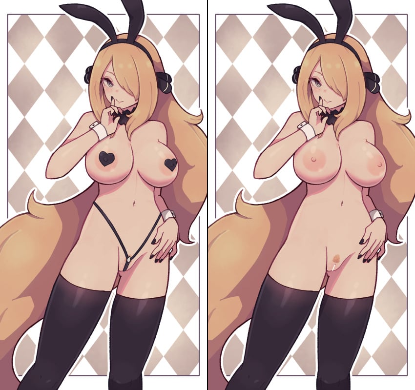 1girls areolae bar_censor black_legwear black_nails black_pasties black_stockings blonde_hair breasts bunny_ears censored censored_pussy checkered_background completely_nude cute cynthia_(pokemon) female female_only finger_to_mouth functionally_nude_female game_freak hair_over_one_eye happy happy_female heart_pasties human human_only lamb-oic029 legwear long_hair long_legs looking_at_viewer mostly_nude multiple_versions_in_one_image naked_stockings navel nintendo nipples one_eye_covered pasties pokemon pokemon_champion pokemon_dppt pose posing pubic_hair pussy round_breasts smile smiling_at_viewer solo tall_female thighhighs thong very_long_hair