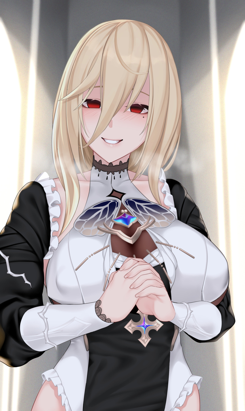 1girls aponia big_breasts blonde_hair blush breasts busty clothed clothed_female empty_eyes female female_only honkai_(series) honkai_impact_3rd huge_breasts jjanda large_breasts light-skinned_female light_skin nun red_eyes smile voluptuous