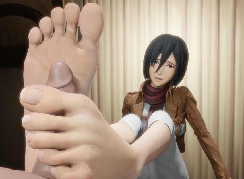 1boy1girl 3d_(artwork) attack_on_titan barefoot big_feet black_eyes black_hair clothed_female_nude_male feet foot_fetish foot_focus footjob looking_at_viewer mikasa_ackerman mrgtsfloop soles toenails toes