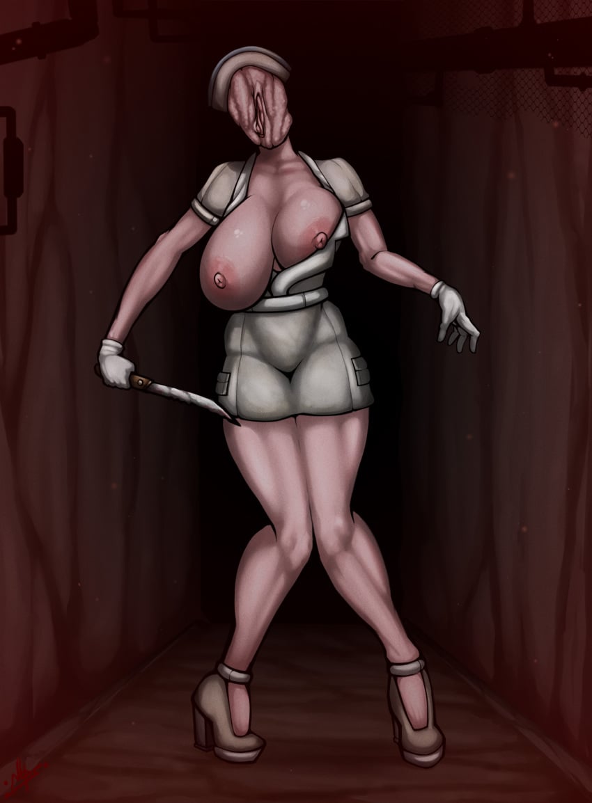 2d 2d_(artwork) areolae bare_legs big_breasts breasts breasts_out bursting_breasts busty female female_focus female_only full_body high_heels hourglass_figure large_breasts monster monster_girl nipples notrespassers nurse nurse_(silent_hill) nurse_cap nurse_uniform overflowing_breasts silent_hill skimpy skimpy_clothes tagme wardrobe_malfunction wide_hips