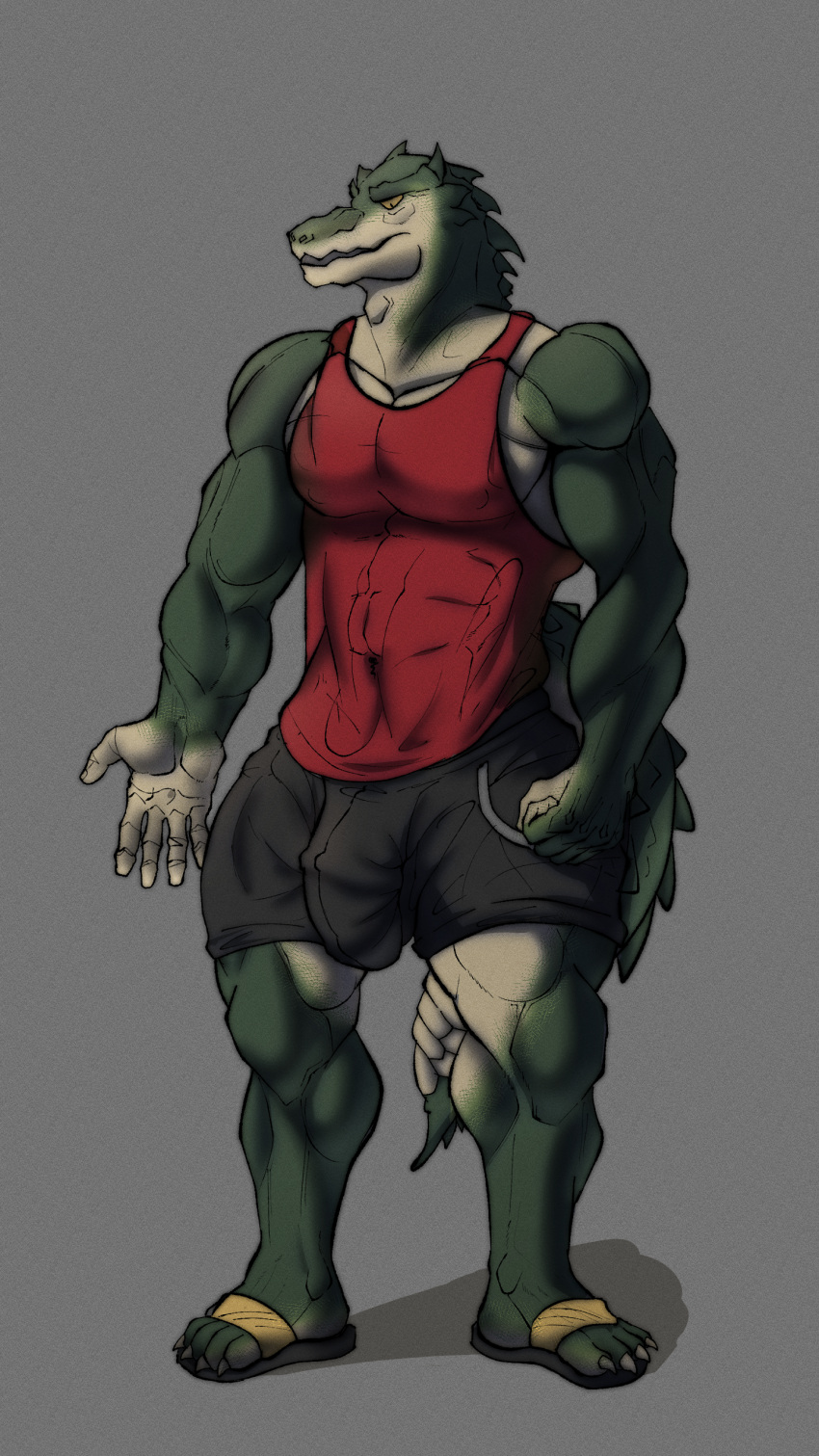 absurd_res alligator alligatorid ankhwav anthro athletic barazoku black_bottomwear black_clothing black_shorts bottomwear bulge clothing crocodile crocodilian crocodylid detailed_bulge footwear genital_outline genitals green_body grey_background hi_res humanoid looking_down male muscular pecs penis_outline red_clothing red_shirt red_topwear reptile sandals scalie shadow shirt shorts simple_background solo tank_top topwear yellow_eyes