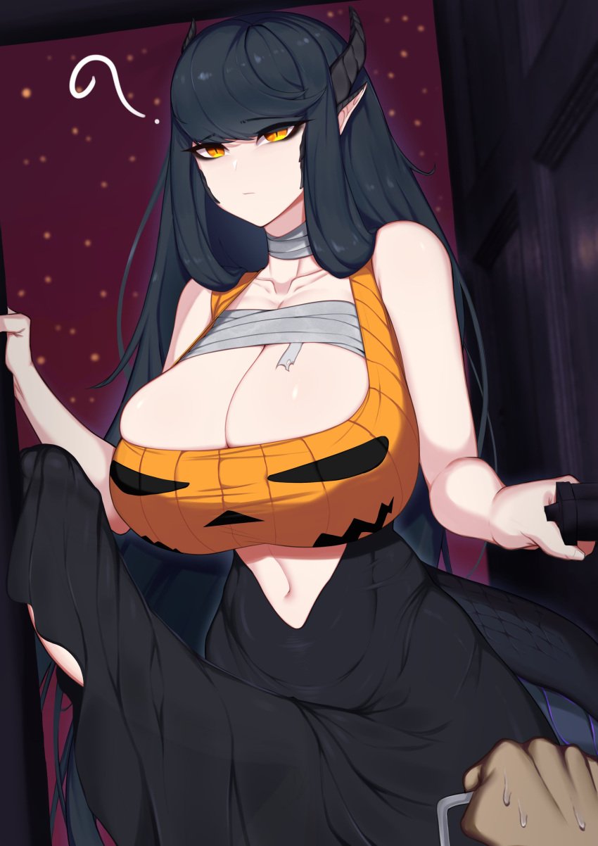 1futa black_hair breasts cleavage clothed clothing erection erection_under_clothes erection_under_skirt fully_clothed futa_only futanari gigantic_penis gorn halloween horny huge_breasts huge_cock humanoid large_breasts light-skinned_futanari light_skin long_hair long_penis looking_at_viewer original overflowing_breasts penis pov pumpkin_boobs sep_(artist) skindentation solo solo_futa standing tenting tight_clothing yellow_eyes