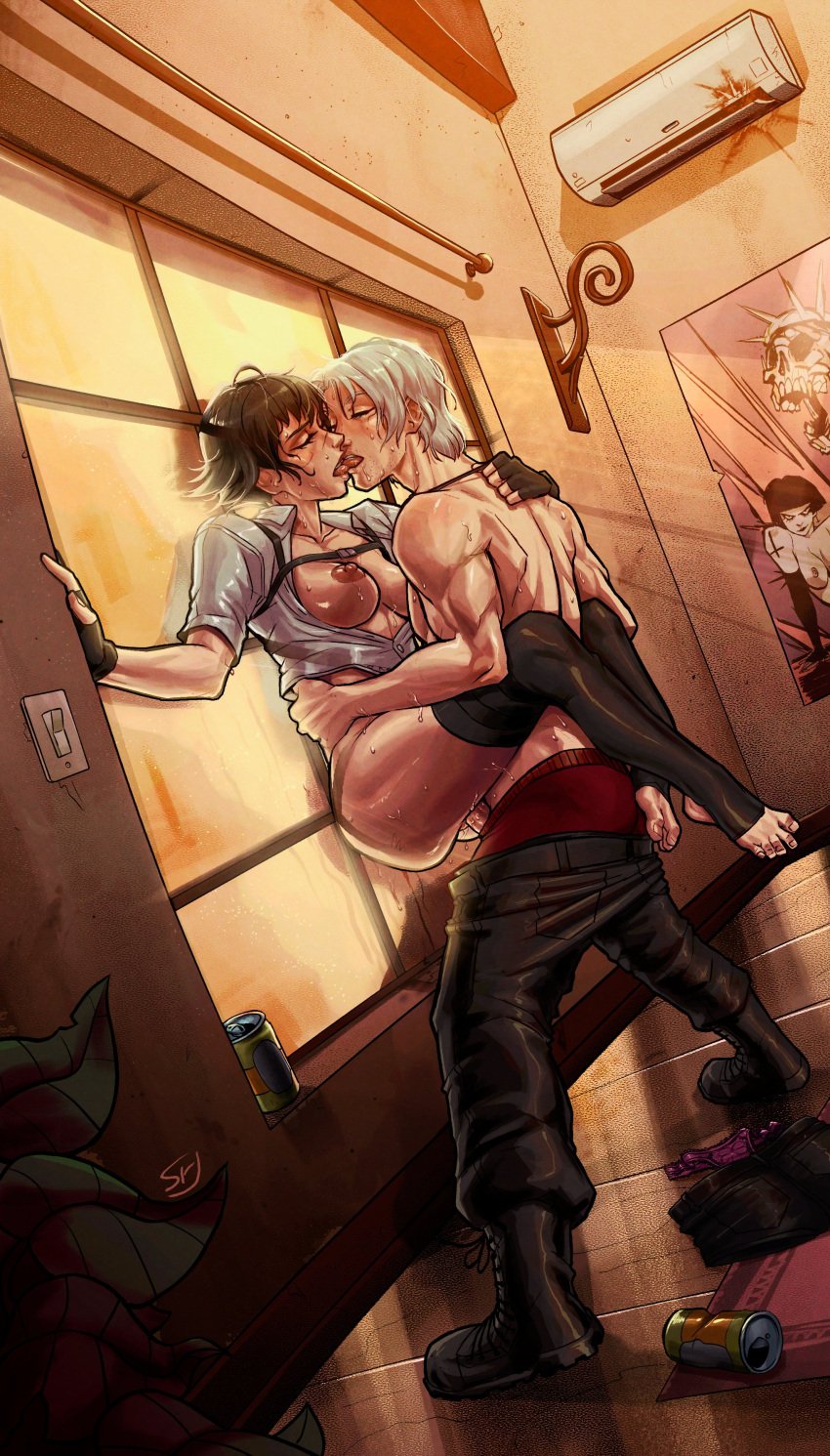 dante devil_may_cry devil_may_cry_3 female half-dressed kissing lady_(devil_may_cry) male/female pants_down romantic stand_and_carry_position standing_sex steadxknight straight