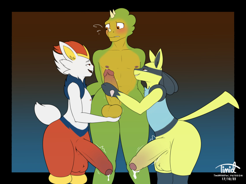 . 3boys anthro balls big_balls big_penis blush chameleon cinderace digital_media_(artwork) erection fur furry generation_4_pokemon generation_8_pokemon genitals group harold_(timidwithapen) hi_res horn humanoid_genitalia humanoid_penis lizard lucario male male_only nintendo nipples nude open_mouth penis pokemon pokemon_(species) reptile scalie shiny_pokemon simple_background smile tail timidwithapen trio video_games