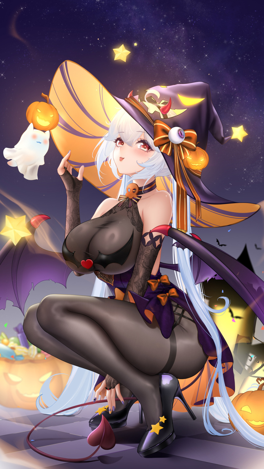 1girls 2022 big_breasts bulging_breasts halloween halloween_costume halloween_decoration high_resolution liao liu_liaoliao long_hair looking_at_viewer short_hair tagme white_hair witch_costume witch_hat