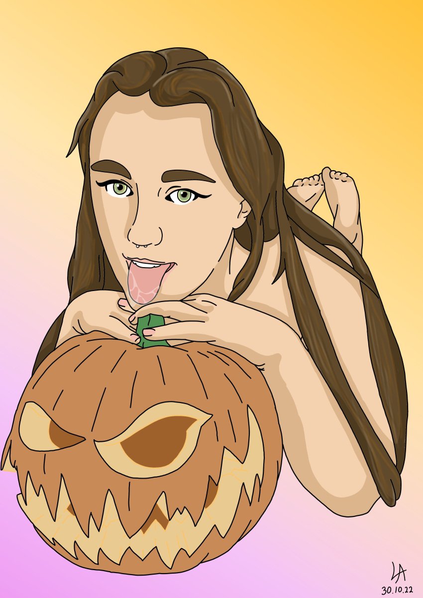 1girls brown_hair colour_background dmsketch94 eyeliner feet feet_up female green_eyes halloween looking_at_viewer lying lying_down nose_piercing piercing piercings pink_lips plant pumpkin saliva saliva_drip saliva_on_tongue salivating septum_piercing suggestive tongue tongue_out