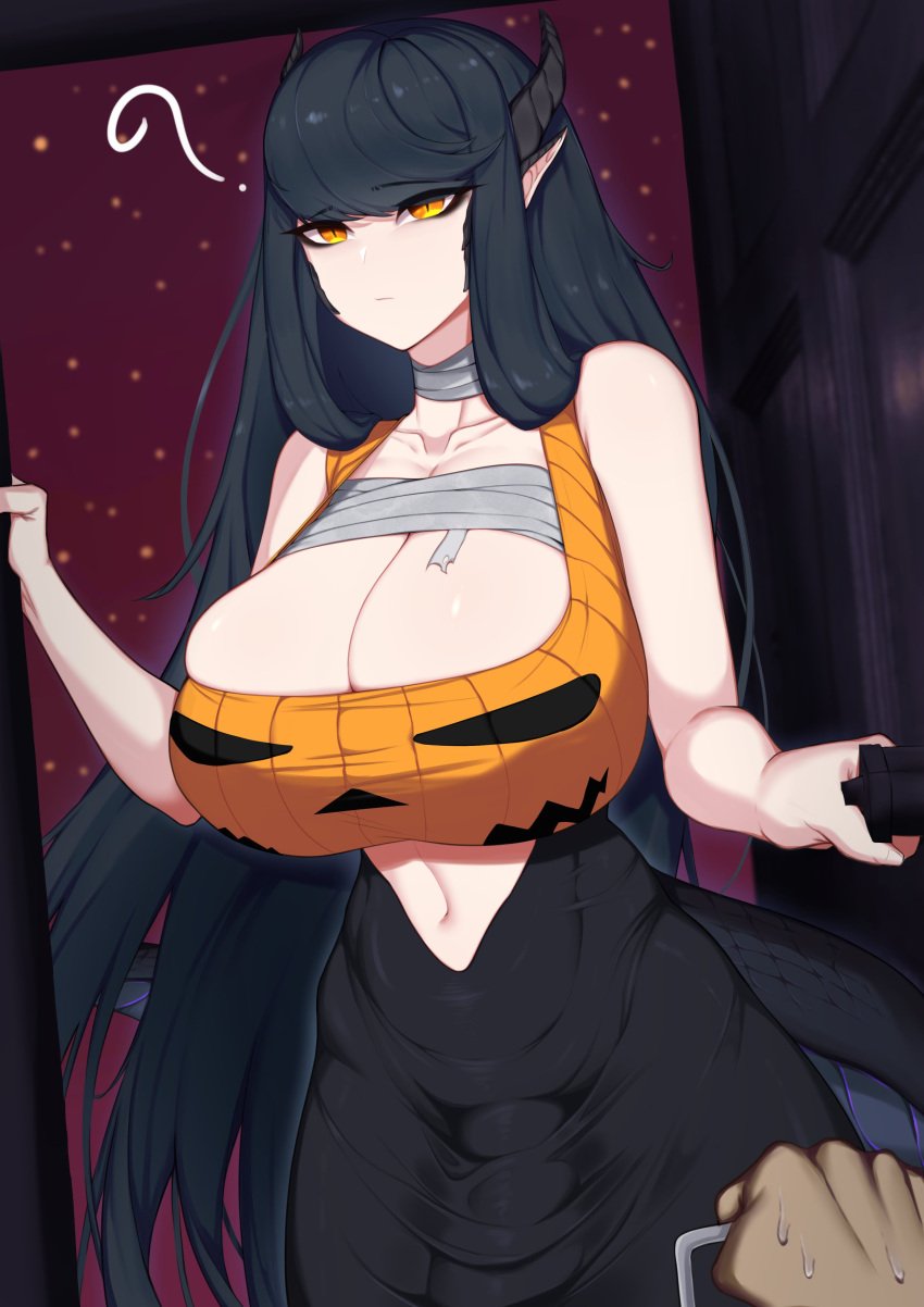 1futa black_hair breasts bulge cleavage clothed clothing erection_under_skirt flaccid fully_clothed futa_only futanari gigantic_penis gorn halloween huge_breasts huge_cock humanoid large_breasts light-skinned_futanari light_skin long_hair looking_at_viewer original overflowing_breasts penis pov pumpkin_boobs sep_(artist) skindentation solo solo_futa standing tight_clothing yellow_eyes