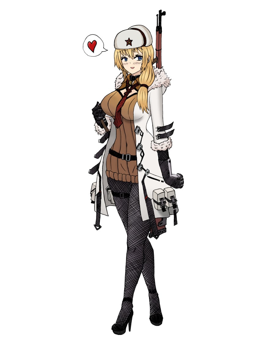 blonde_hair blue_eyes blush collar eastern_european girls'_frontline high_heels large_breasts mosin-nagant_(girls'_frontline) national_personification pantyhose red_scarf russia russian side_ponytail slavic sweater_dress thick_thighs ushanka white_coat wide_hips