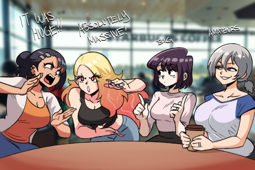 4girls aged_up ass big_ass big_breasts black_hair blonde_hair blue_eyes breasts brown_eyes cleavage clothed clothing coffee coffee_shop conversation crossover curvy english_text female female_focus female_only gyaru hayase_nagatoro hi_res kitagawa_marin komi-san_wa_komyushou_desu komi_shouko long_fingernails married milf multiple_girls please_don't_bully_me,_nagatoro purple_hair red_eyes revealing_clothes ring short_hair silver_hair simple_background smile sono_bisque_doll_wa_koi_wo_suru tan tan_skin tanned text time_skip tinafate1 uzaki-chan_wa_asobitai! uzaki_hana wedding_ring wholesome wide_hips young_adult