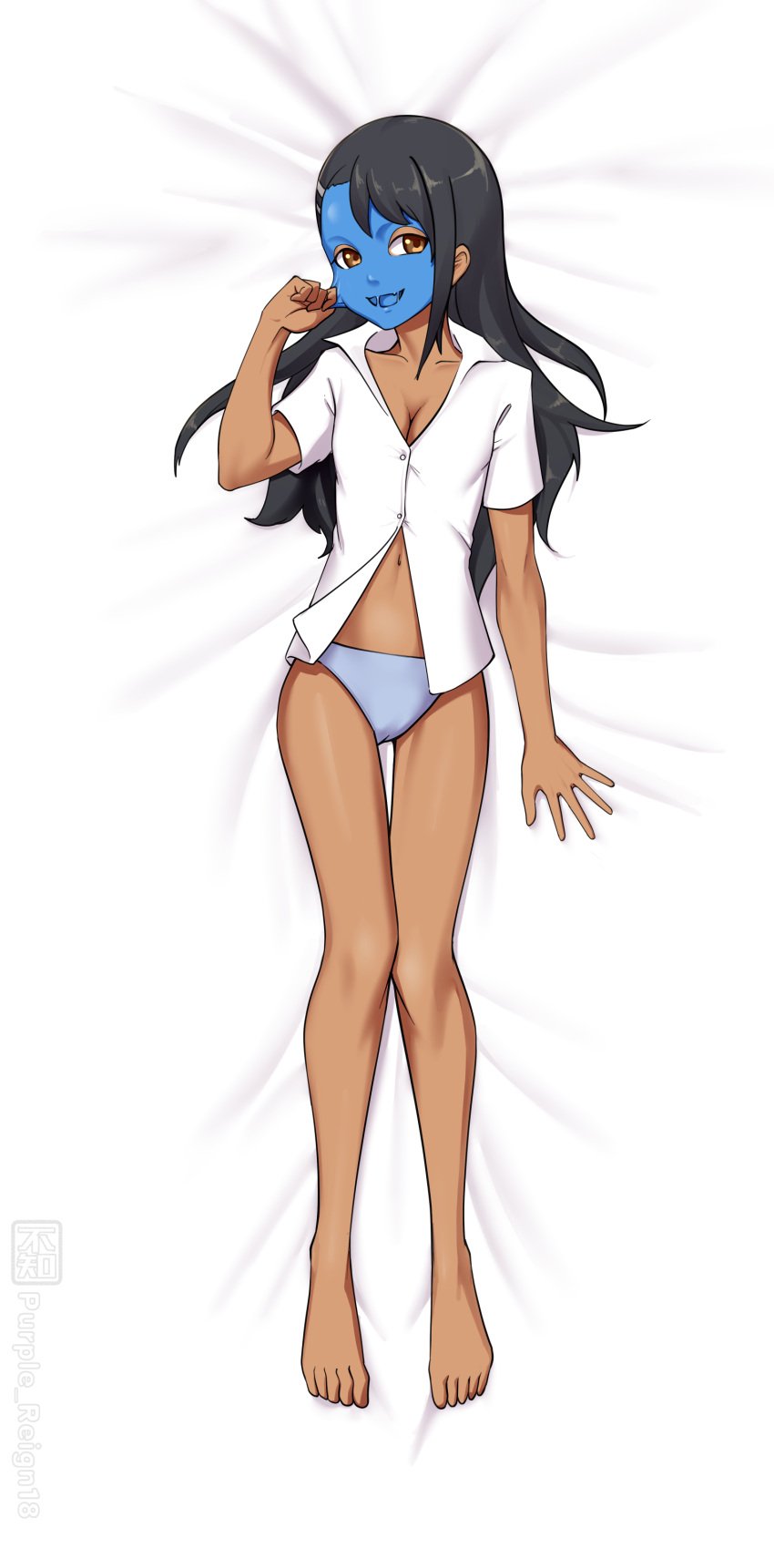 1girls black_hair blue_face breasts brown_eyes cleavage clothed clothing female female_focus female_only hayase_nagatoro hi_res kylin_wang_cn light-skinned_female light_skin long_hair looking_at_viewer lying_on_back navel open_mouth please_don't_bully_me,_nagatoro revealing_clothes simple_background small_breasts smile solid_color_background solo tan tan_skin tanned underwear white_background