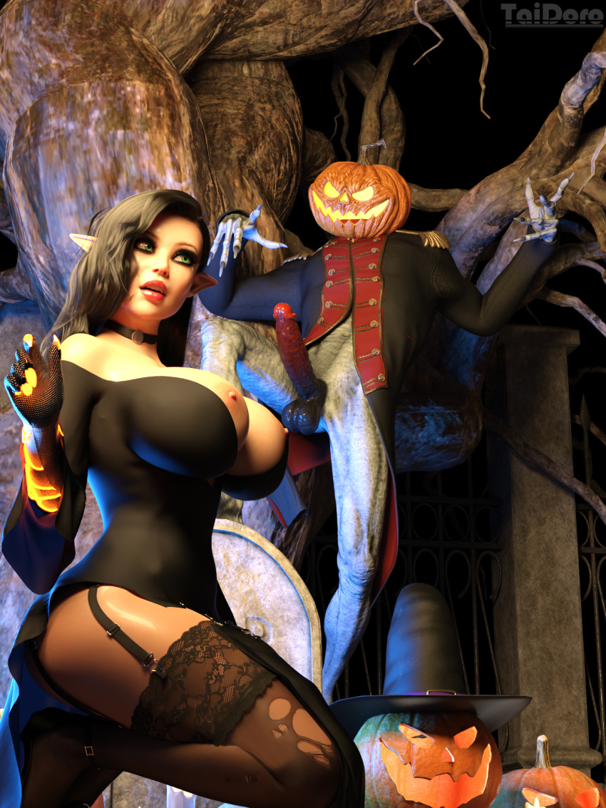 3d 3d_(artwork) 3dx black_hair elf elf_ears elf_female elf_girl elves female garter_belt garter_straps green_eyes halloween headless_horseman jack-o'-lantern pointy_ears stockings taidoro twelf_woodstrider