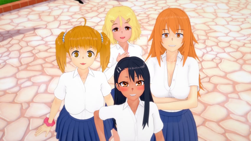 3d 4girls big_breasts black_hair blonde_hair breasts brown_eyes cleavage clothed clothing dr._charlie female_focus female_only gamo-chan hayase_nagatoro hi_res orange_eyes orange_hair please_don't_bully_me,_nagatoro revealing_clothes sakura_(nagatoro) simple_background skirt small_breasts smile tan tan_skin tanned yoshi_(nagatoro)