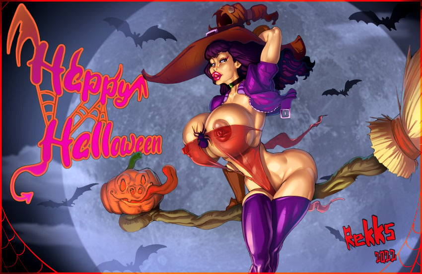 1girls 2020s 2022 20s areola_slip areolae artist_name bat bat_(species) big_breasts bimbo bimbo_lips broom broom_riding brown_hat choker cleavage cloud cobwebs cropped_jacket crossed_legs curvaceous curvy english_text female female_focus full_moon halloween halloween_2022 happy_halloween holidays hourglass_figure huge_breasts jack-o'-lantern light-skinned_female light_skin living_clothes living_hat night night_sky nipples_visible_through_clothing no_bra no_panties outdoors purple_jacket purple_legwear purple_thighhighs red_border rekks revealing_clothes riding_broom sentient_clothing sentient_hat spider_web strapless_leotard thighhighs translucent_clothing venus_body voluptuous witch witch_hat