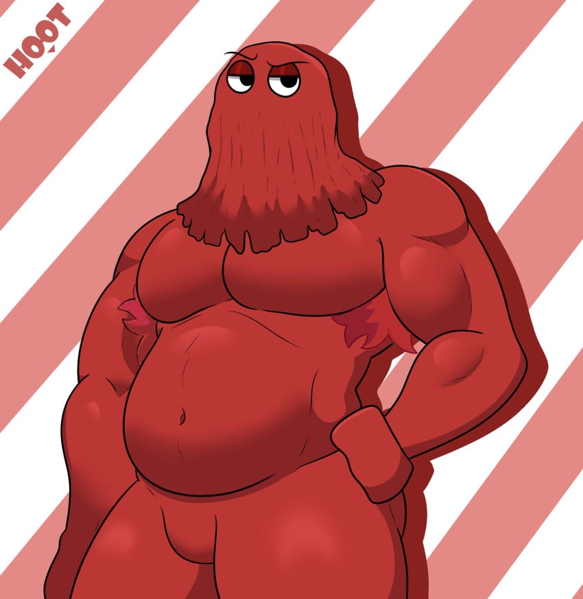 1boy anthro armpit_hair artist_logo artist_name bara beefy black_eyes chubby dg254 don&#039;t_hug_me_i&#039;m_scared edit edited gay hoot_(owl_logo) male male_only masculine moobs musclegut muscular_male no_visible_genitalia nude_male pecs penis_bulge red_body red_guy_(dhmis) solo yarn