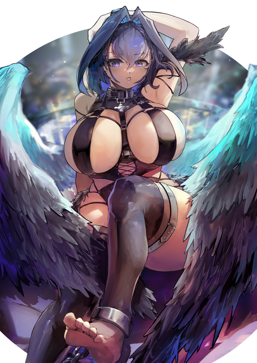 absurdres angel angel_wings arm_above_head arm_up bangs barefoot blue_eyes blue_hair breasts choker cleavage feathered_wings female hair_intakes highres hololive hololive_english hololive_english_-council- hololive_english_-promise- huge_breasts looking_at_viewer ouro_kronii revealing_clothes short_hair solo thighhighs virtual_youtuber vyragami wings