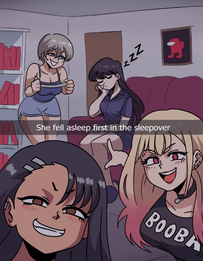 4girls aged_up among_us among_us_reference asleep big_breasts black_hair blonde_hair breasts choker cleavage clothed clothing crossover earrings english_text female female_focus female_only funny gyaru hayase_nagatoro hi_res kitagawa_marin komi-san_wa_komyushou_desu komi_shouko looking_at_viewer meme milf mischievous mischievous_smile multiple_females multiple_girls open_mouth pajamas please_don't_bully_me,_nagatoro pointing_soyjak red_(among_us) revealing_clothes silver_hair sleeping sleepover slippers smile sono_bisque_doll_wa_koi_wo_suru speech_bubble tan tan_skin tanned text tinafate1 uzaki-chan_wa_asobitai! uzaki_hana wholesome