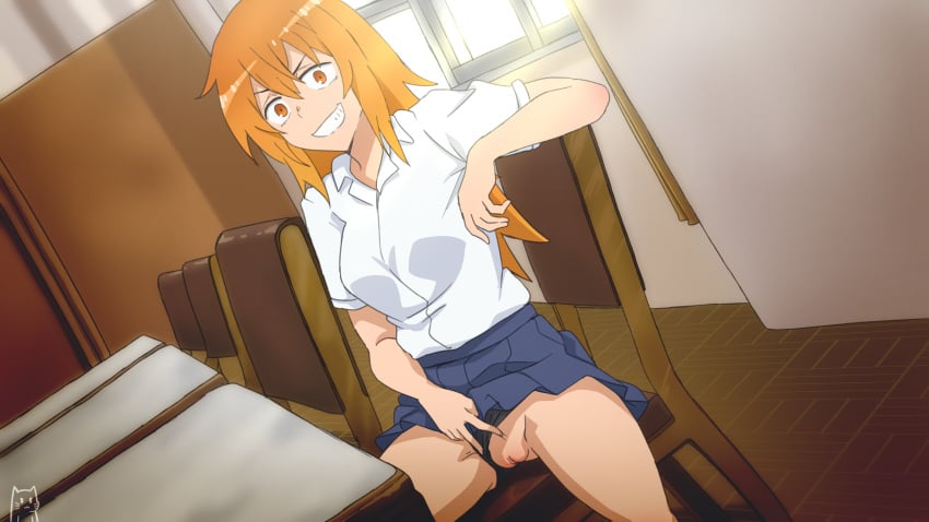 1girls accurate_art_style breasts clothed clothing female female_focus female_only flashing gamo-chan hi_res keihh long_hair orange_eyes orange_hair panties panties_aside please_don't_bully_me,_nagatoro public pussy revealing_clothes school simple_background sitting smile solo uncensored upskirt watermark