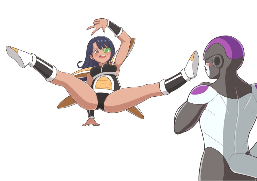 1girls 2boys black_hair body_swap brown_eyes captain_ginyu clothed clothing crossover dragon_ball frieza green-tinted_eyewear hayase_nagatoro hi_res kchic99 long_hair looking_at_viewer mind_control open_mouth please_don't_bully_me,_nagatoro pose revealing_clothes scouter simple_background spread_legs tan tan_skin tanned tinted_eyewear wearing_others_clothes white_background