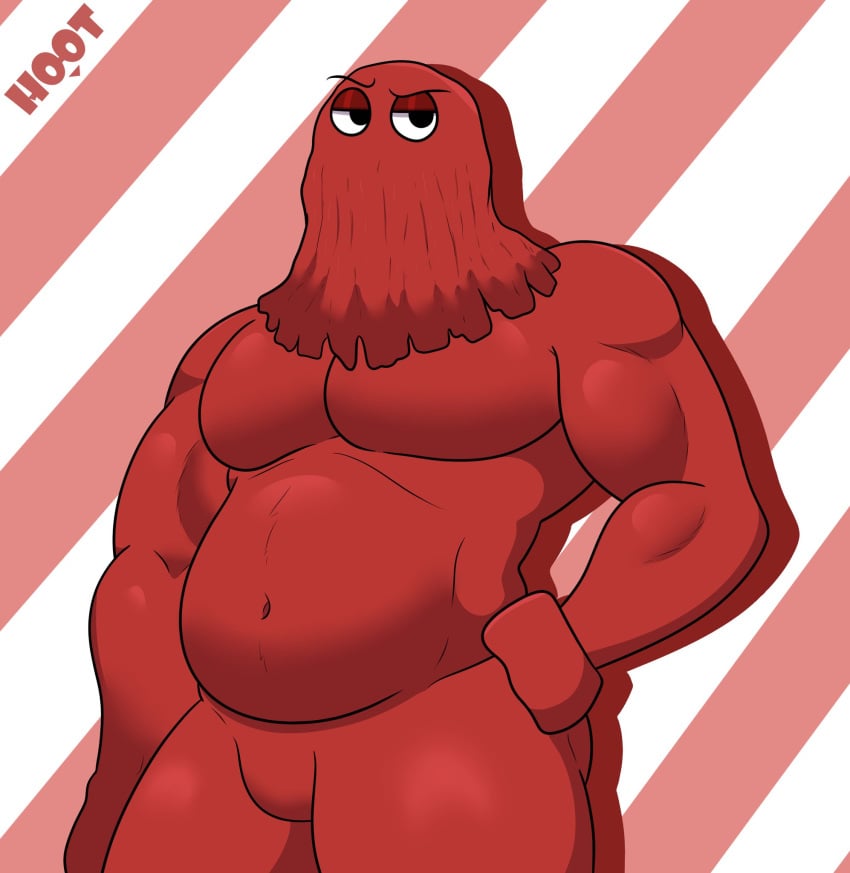 1boy anthro artist_logo artist_name bara beefy black_eyes chubby dg254 don't_hug_me_i'm_scared gay hoot_(owl_logo) male male_only masculine moobs musclegut muscles muscular_male no_visible_genitalia nude_male pecs penis_bulge red_body red_guy_(dhmis) solo yarn