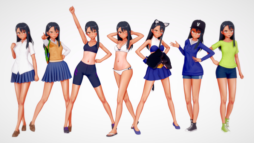 1girls bikini black_hair blush breasts brown_eyes cat_ears cat_tail catgirl clothed clothing dr._charlie female_focus female_only hayase_nagatoro hi_res long_hair navel please_don't_bully_me,_nagatoro pose simple_background skirt small_breasts solo tan tan_skin tanline tanned white_background