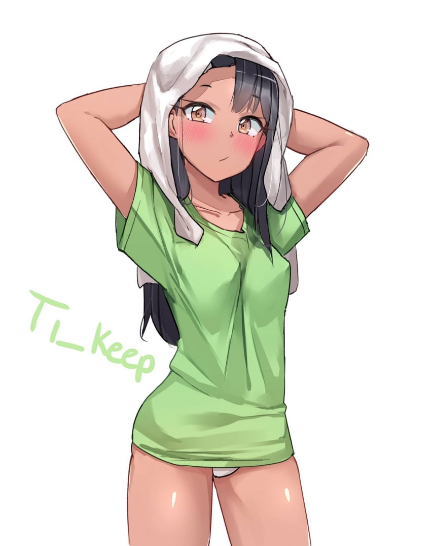 1girls after_shower black_hair blush breasts brown_eyes clothed clothing female_focus female_only hayase_nagatoro hi_res long_hair looking_at_viewer nipples please_don't_bully_me,_nagatoro revealing_clothes simple_background small_breasts solo t-shirt t-shirt_only tan tan_skin tanned ti_keep watermark