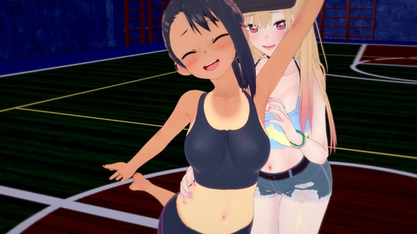 2girls 3d big_breasts black_hair blonde_hair breasts brown_hair cleavage clothed clothing comic comic_page fallinfree female female_focus female_only hayase_nagatoro hi_res kitagawa_marin koikatsu long_hair navel please_don't_bully_me,_nagatoro ponytail red_eyes revealing_clothes simple_background smile sono_bisque_doll_wa_koi_wo_suru tan tan_skin tanned tickling