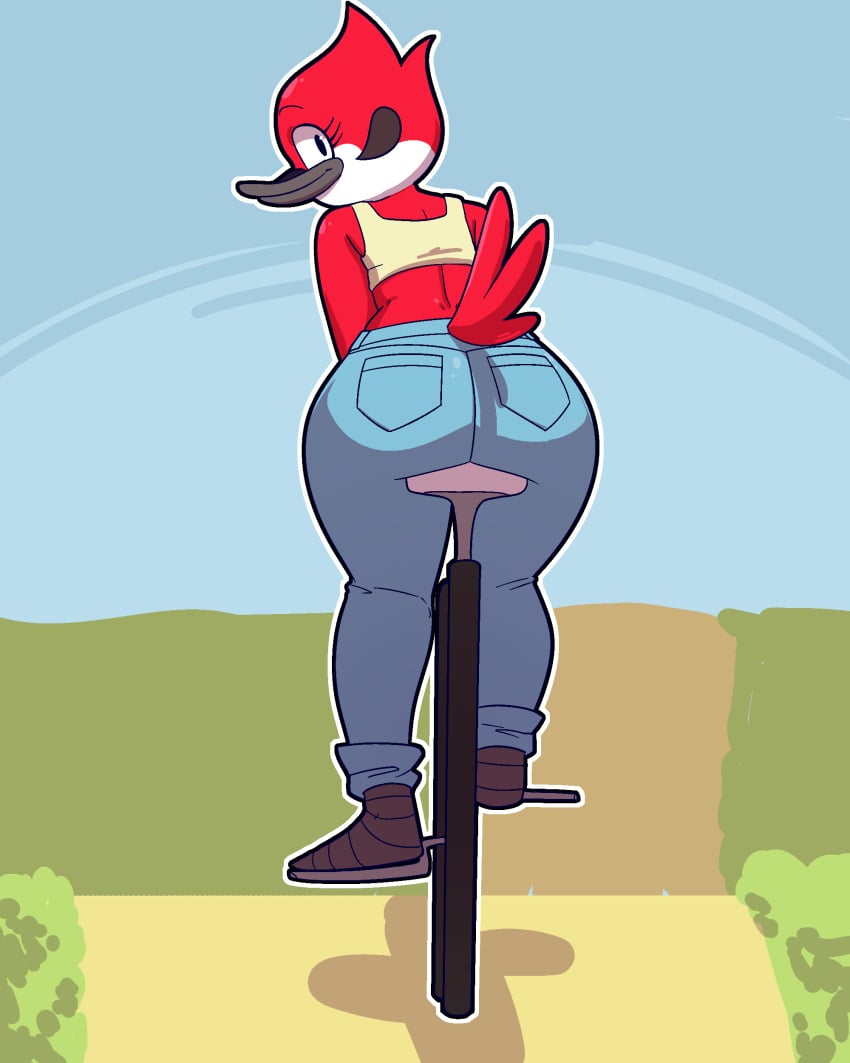 1girls anthro ass bicycle big_ass big_butt bike biking bird butt fat_ass goldeneyensfw looking_at_viewer margaret_smith_(regular_show) red_fur red_hair