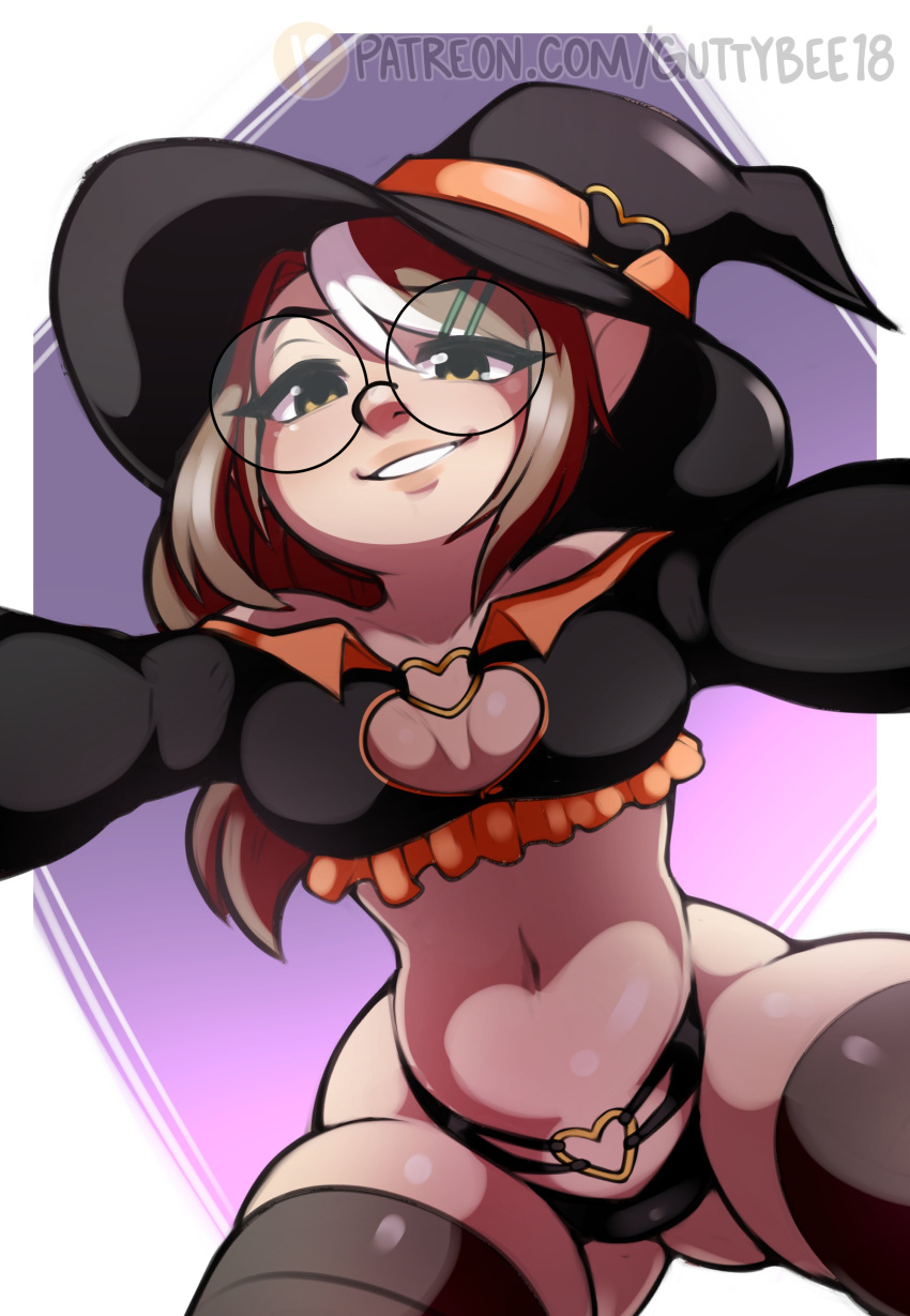 1girls brown_hair brown_stockings evelyn_(gentlemannco) female female_only glasses guttybee halloween halloween_costume harpy heart_o-ring looking_at_viewer narrowed_eyes o-ring round_glasses smiling smiling_at_viewer smug solo stockings thick_thighs very_high_resolution white_highlights wide_hips witch_hat