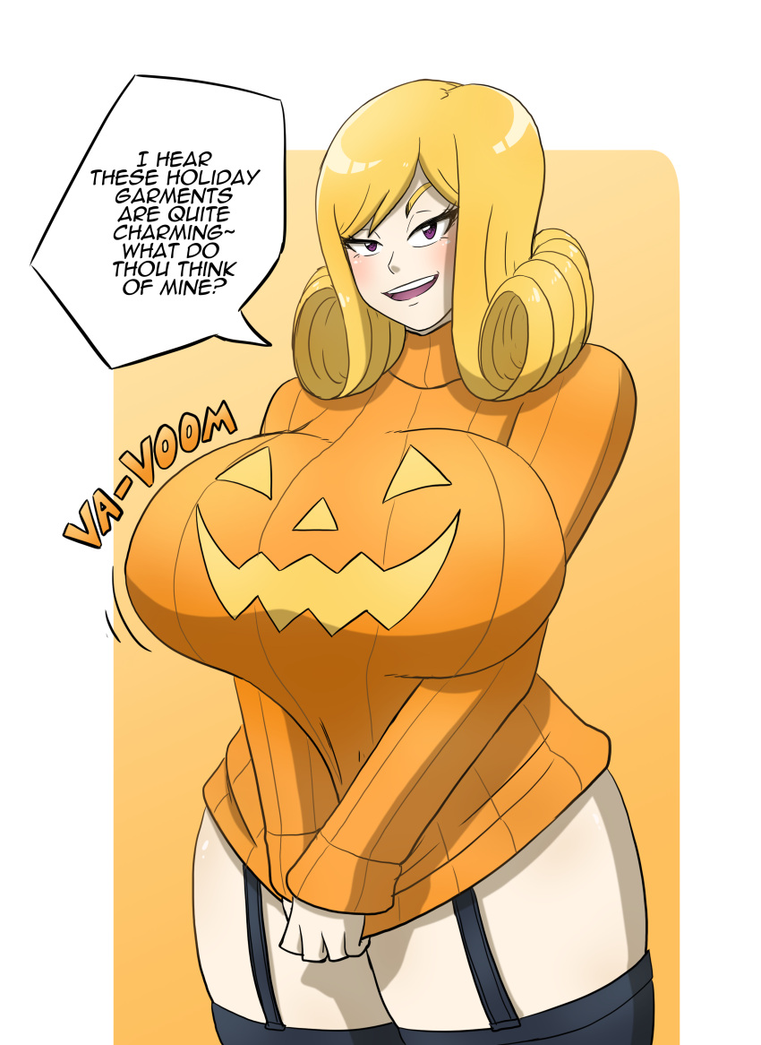 1girls blonde_hair blush bottomless breasts elena_(kobi) english_text female female_only garter_straps halloween hi_res huge_breasts jack-o'-lantern kobi-tfs kobi94 looking_at_viewer original pulling_clothing pulling_down_shirt pumpkin_boobs purple_eyes queen royalty simple_background smiling_at_viewer solo sweater text thick_thighs thighhighs wide_hips