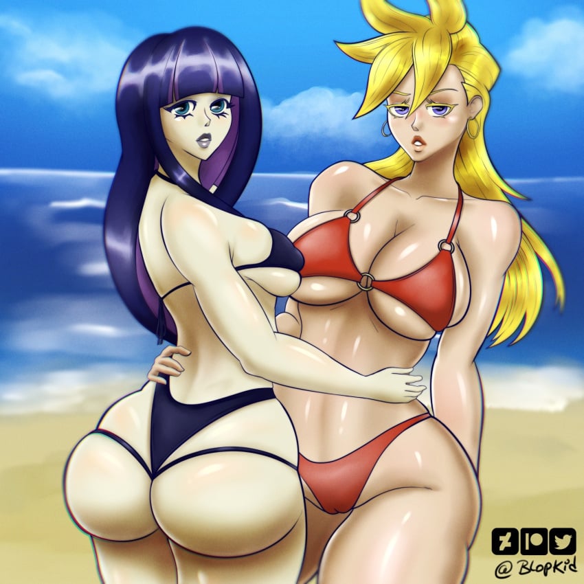 beach bikini blonde_female blonde_hair blopkid blue_eyes breasts panty panty_&_stocking_with_garterbelt panty_anarchy purple_bikini purple_eyes purple_hair red_bikini stocking_anarchy