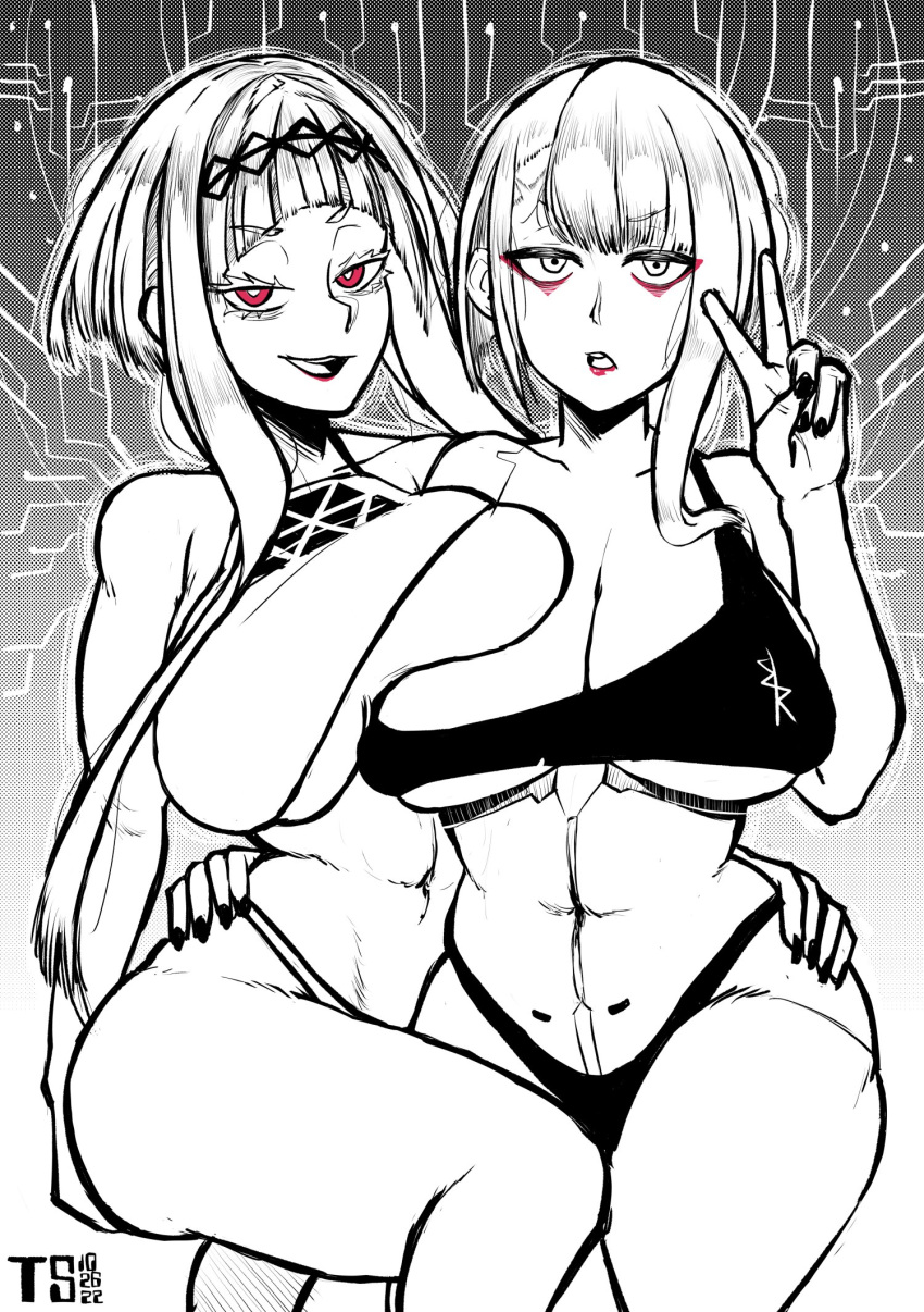 2022 2girls artificial_intelligence artist_logo atlus big_breasts black_and_white bra breasts crossover cybernetics cyberpunk cyberpunk:_edgerunners cyberpunk_2077 dated devil_summoner eye_makeup female female_only grabbing_from_behind green_hair gynoid huge_breasts humanoid japanese large_breasts lucyna_kushinada machine megami_tensei monochrome multiple_girls pale_skin peace_sign polish red_eyes red_makeup ringo_(soul_hackers) robot shin_megami_tensei soul_hackers soul_hackers_2 thick_thighs tomboy_sama touching trait_connection underwear