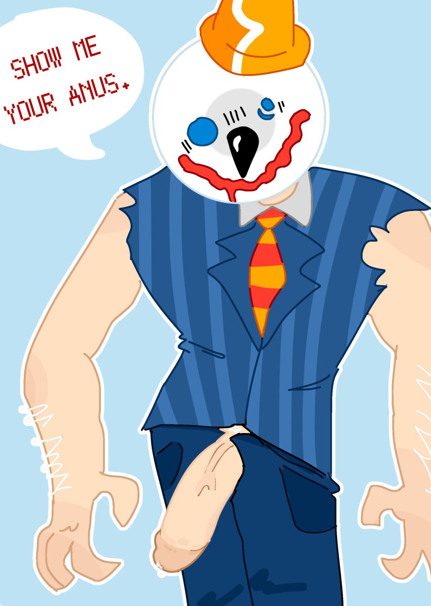 analbones arm_hair blue_background boner drool erection exposed_penis jack_box jack_in_the_box male_only mascot object_head precum solo solo_male suit text veiny_penis