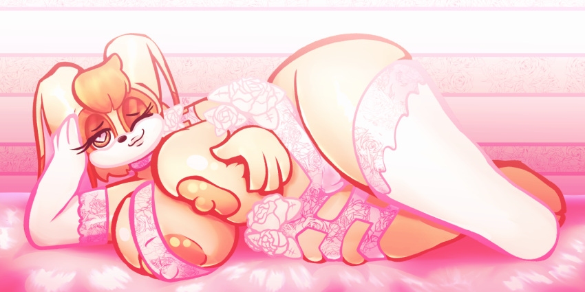 big_breasts big_thighs cream_skin eyelashes heart-shaped_pupils laying_down laying_on_bed laying_on_side orange_eyes orange_hair puffylover69 rabbit rabbit_ears sonic_(series) sonic_the_hedgehog_(series) vanilla_the_rabbit white_rose white_socks wink winking winking_at_viewer