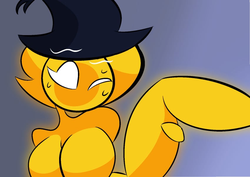 big_breasts big_thighs censored cropped cropped_image eye_closed female female_only gradient_background halloween halloween_costume makiro69 min-min_(the_binding_of_isaac) nude scissors sex sweat the_binding_of_isaac thick_thighs white_eyes witch witch_costume witch_hat yellow_body