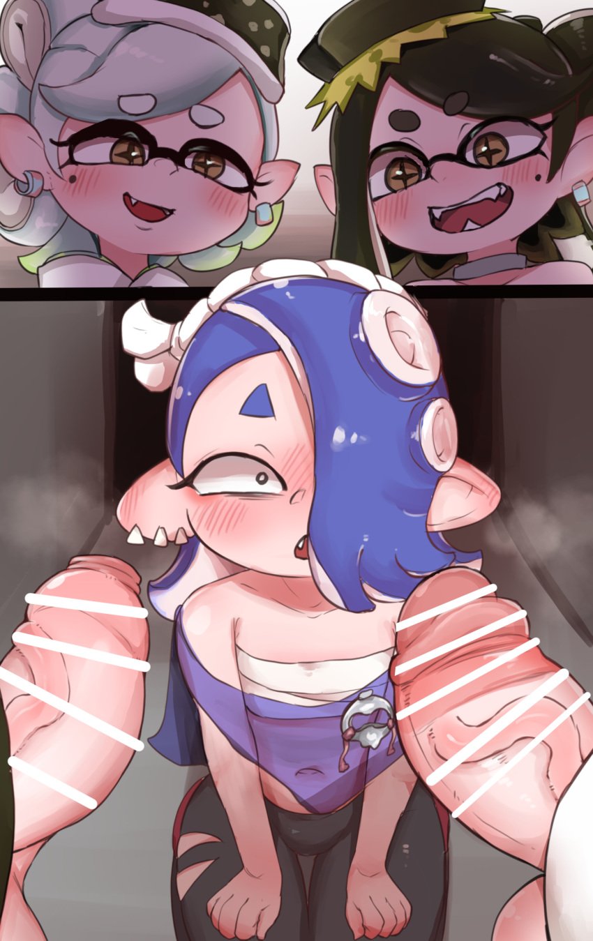 1girls 2022 2futas animal_humanoid balls black_hair blush callie_(alterna) callie_(splatoon) censor_bar censored cephalopod cephalopod_humanoid clothed clothing digital_media_(artwork) ear_piercing ear_ring erection eyelashes fangs foreskin fully_clothed futanari genitals hair hi_res high-angle_view humanoid humanoid_genitalia humanoid_penis humanoid_pointy_ears ineffective_censorship inkling light-skinned_female light-skinned_futanari light_skin low-angle_view marie_(alterna) marie_(splatoon) marine marine_humanoid mollusk mollusk_humanoid navel nintendo octarian octoling open_mouth penis piercing pseudo_hair ring_piercing shiver_(splatoon) splatoon splatoon_3 splatoon_3:_return_of_the_mammalians squid_sisters_(splatoon) standing tentacle tentacle_hair text topwear translucent translucent_clothing vein veiny_penis video_games zkky