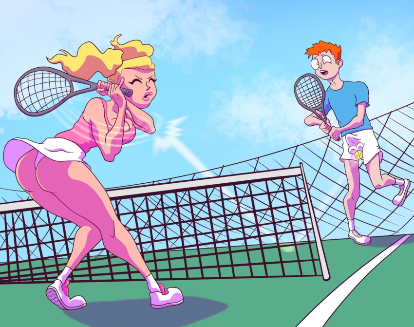 1boy ankle_socks anklehighs ballbusting bimbo blonde_hair cbt closed_eyes cock_and_ball_torture courtney_holiday groinattack3 groinattack3_(copyright) medium_breasts medium_hair nutshot panties socks tennis tennis_ball tennis_court tennis_racket tennis_shoes tennis_uniform twintails upskirt white_panties white_socks