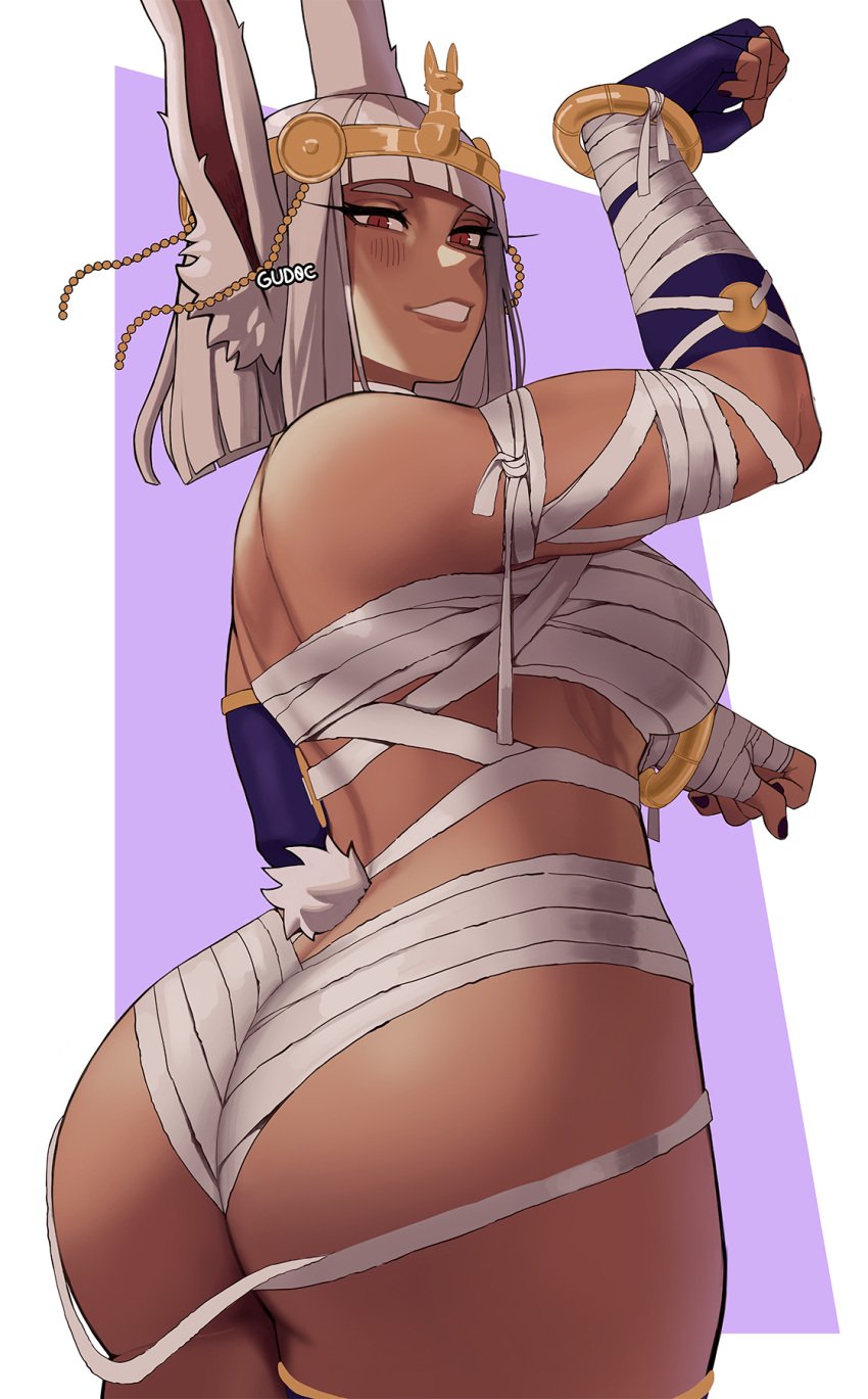 1girls big_ass bunny_ears cosplay dark-skinned_female dark_skin female female_only gud0c halloween holidays looking_at_viewer menat_(cosplay) miruko mummy_costume my_hero_academia pose red_eyes rumi_usagiyama short_hair solo street_fighter street_fighter_v tagme thick_ass thick_thighs