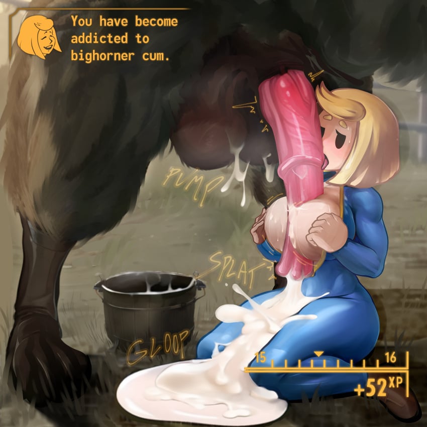 1boy 1girls addiction animal_genitalia animal_penis areolae between_breasts big_breasts bighorner blonde_hair blush blushing breasts bucket caprine cock_worship cum ejaculation english english_text excessive_cum fallout fallout_new_vegas fellatio gameplay_mechanics horsecock huge_balls huge_penis inverted_paizuri knees_together_feet_apart large_breasts licking licking_penis mob_face nipples onomatopoeia paizuri reverse_paizuri short_hair submissive submissive_female sweatdrop thick_thighs tight_clothing vault_dweller vault_girl vault_meat vault_suit zoophilia zoquete