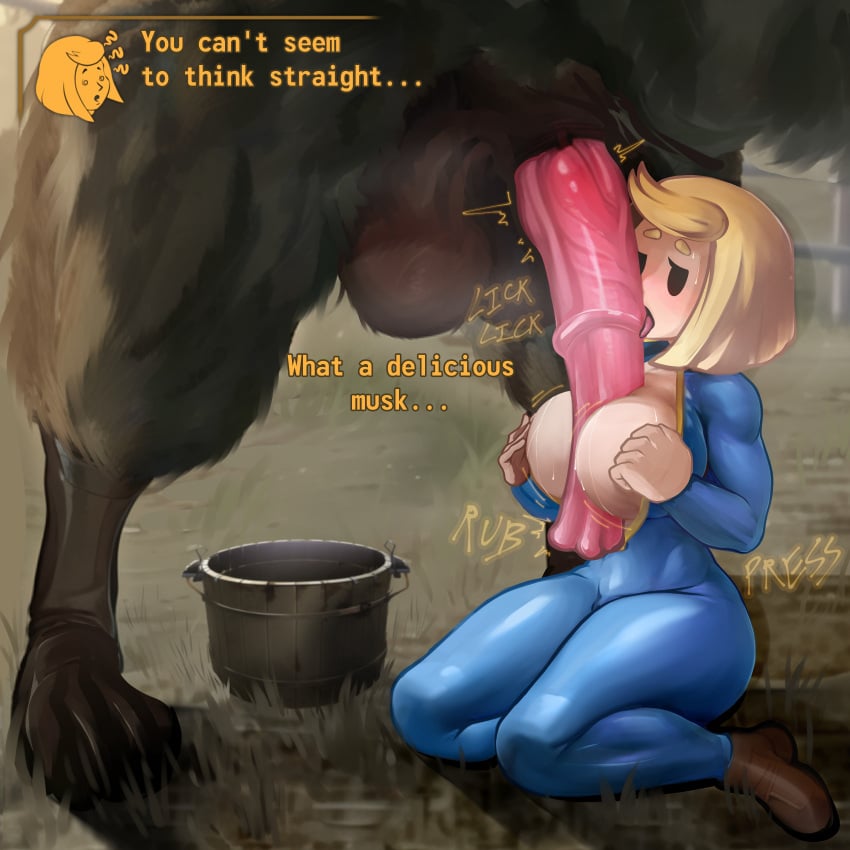 1boy 1girls animal_genitalia animal_penis areolae big_breasts bighorner blonde_hair blush blushing breasts bucket caprine cock_worship english english_text fallout fallout_new_vegas fellatio gameplay_mechanics horsecock huge_balls huge_penis inverted_paizuri knees_together_feet_apart large_breasts licking licking_penis mind_break mob_face musk nipples onomatopoeia paizuri pheromones reverse_paizuri submissive submissive_female sweatdrop thick_thighs vault_dweller vault_girl vault_meat vault_suit zoophilia zoquete