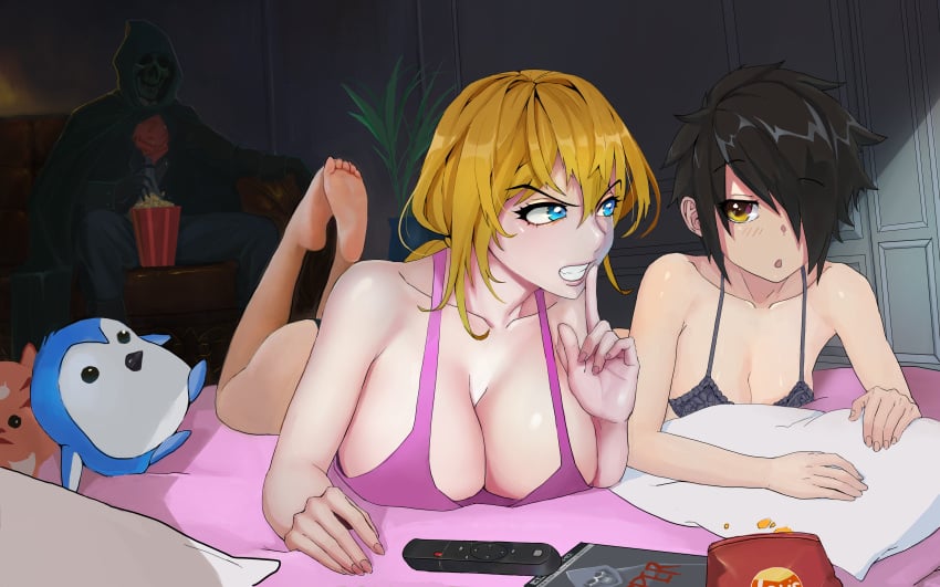 black_hair blonde_hair blue_eyes carrie_roseburg choker cleavage collar faceless_male female jennifer_sweeny monster_madness revealing_clothes sharkxteeth underwear