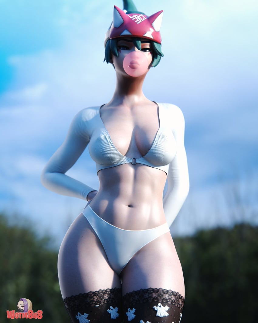 1girls 3d blowing_bubblegum bubble_gum green_hair hi_res kiriko_(overwatch) looking_at_viewer low_cut_top nipple_bulge nipples_visible_through_clothing outdoors overwatch overwatch_2 panties solo_female stockings thick_thighs thighhighs wotm8h8