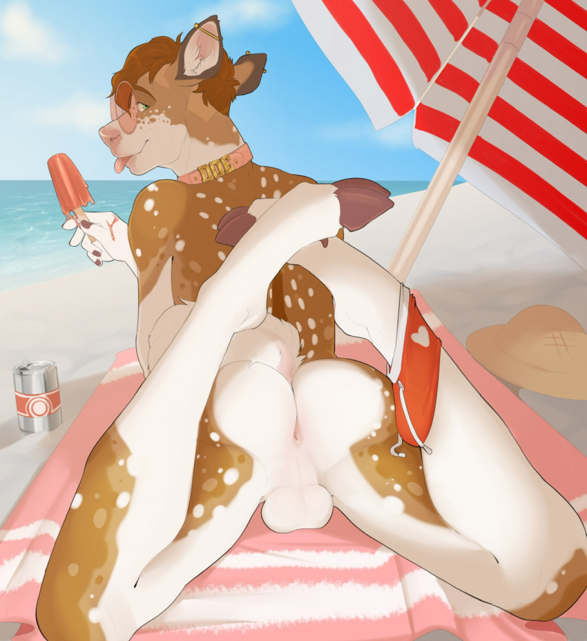 anthro anus ass backsack balls bambii_dog beverage_can blep cervid cloud cloven_hooves collar dallas_(gingersnaps) ear_piercing eyewear food fur genitals glasses hi_res hooves industrial_piercing legs_up looking_back male male_only mammal outside piercing popsicle popsicle_melting sand sea sky solo spots spotted_body spotted_fur tongue tongue_out umbrella water