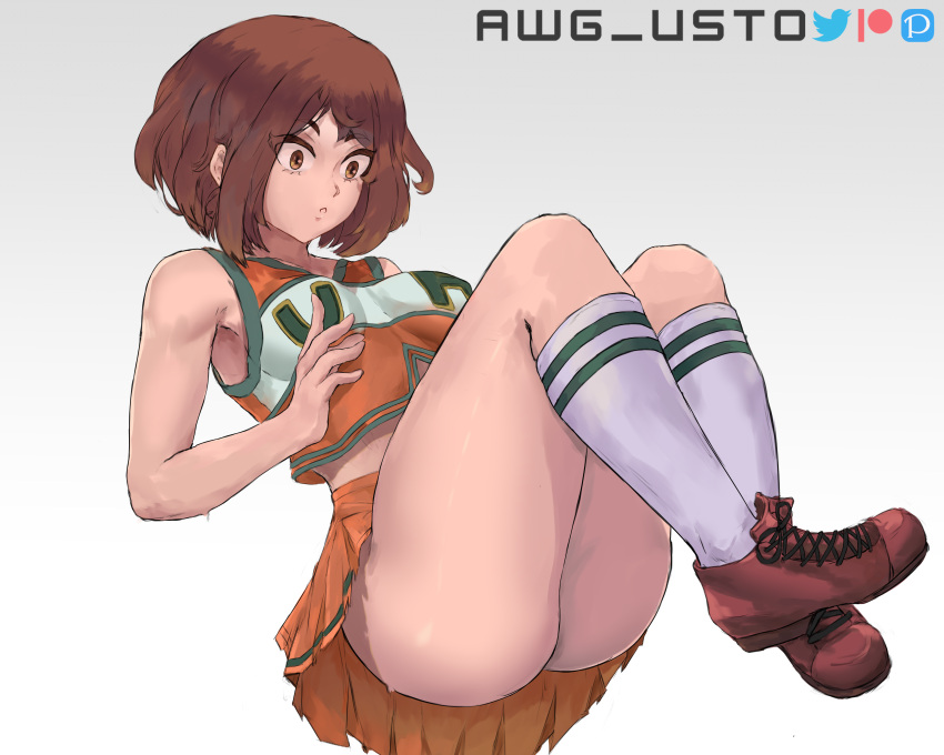 1girls absurd_res artist_signature ass awg_usto bangs brown_eyes brown_hair cheerleader cheerleader_uniform female hair hi_res highres knee_socks kneehighs kneesocks light-skinned_female light_skin medium_breasts medium_hair midriff my_hero_academia ochako_uraraka open_mouth shoes simple_background skirt social_media socks solo straight_hair surprised surprised_expression thick_thighs thighs white_background white_socks wide_hips